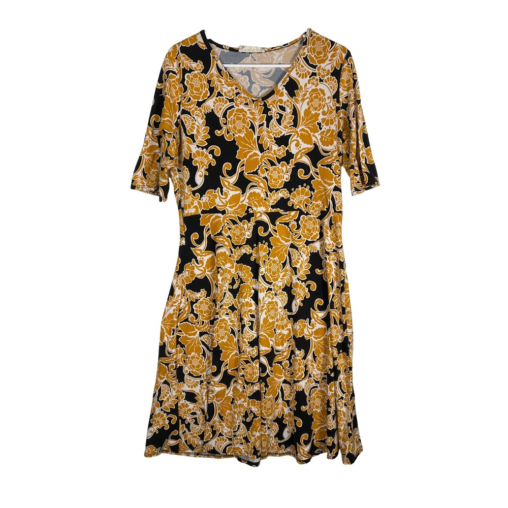Tiffany &‎ Grey Womens XL Mustard Yellow Black Floral Damask Fit & Flare Dress